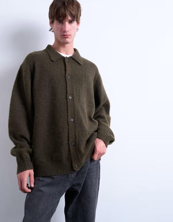 トップマン メンズ アウター カーディガン オーバーサイズフィット Topman oversized fit button up cardigan Khaki カーキ