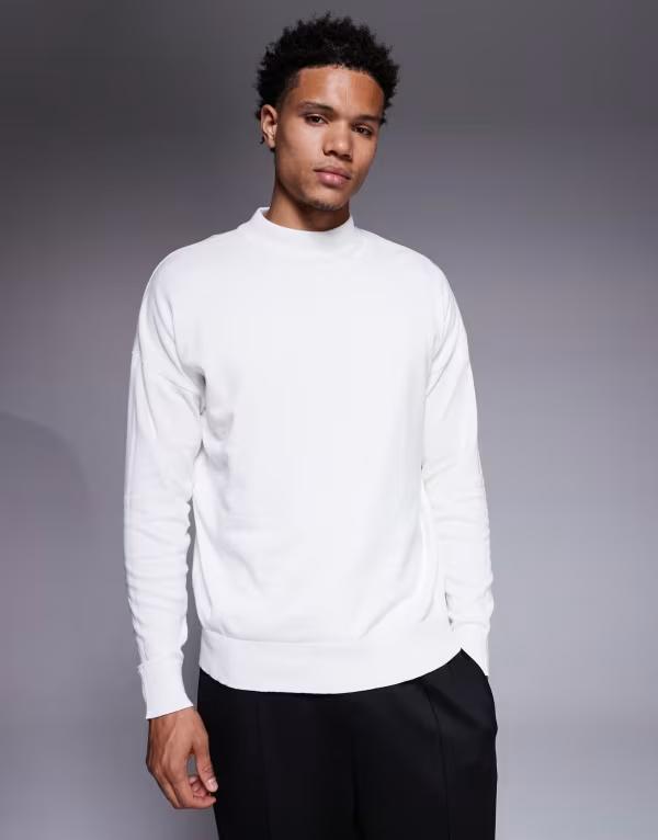 エイソス メンズ アウター ニット・セーター タートルネック Tシャツ ニット ASOS DESIGN relaxed long sleeve knit turtle neck t-shirt WHITE ホワイト