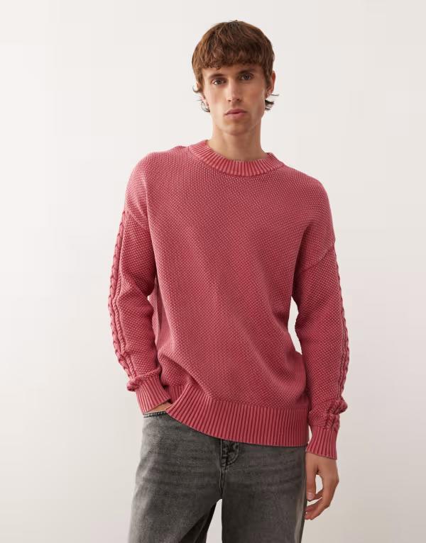 コルージョン メンズ アウター ニット・セーター クルーネック セーター ニット COLLUSION Knitted crew neck sweater RED レッド|ReVida 店