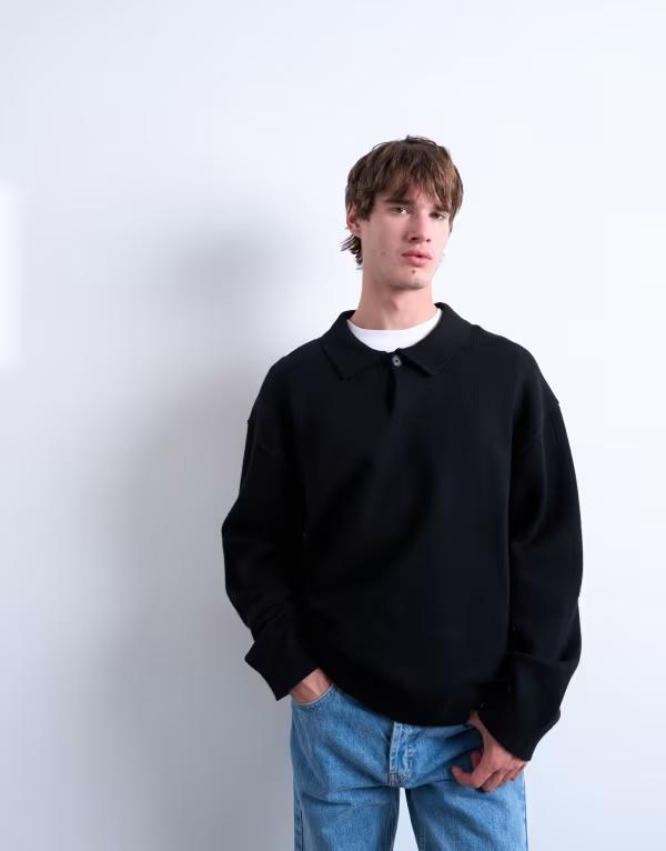 トップマン メンズ アウター ニット・セーター ポロシャツ セーター ニット Topman knit dressy polo sweater Black ブラック