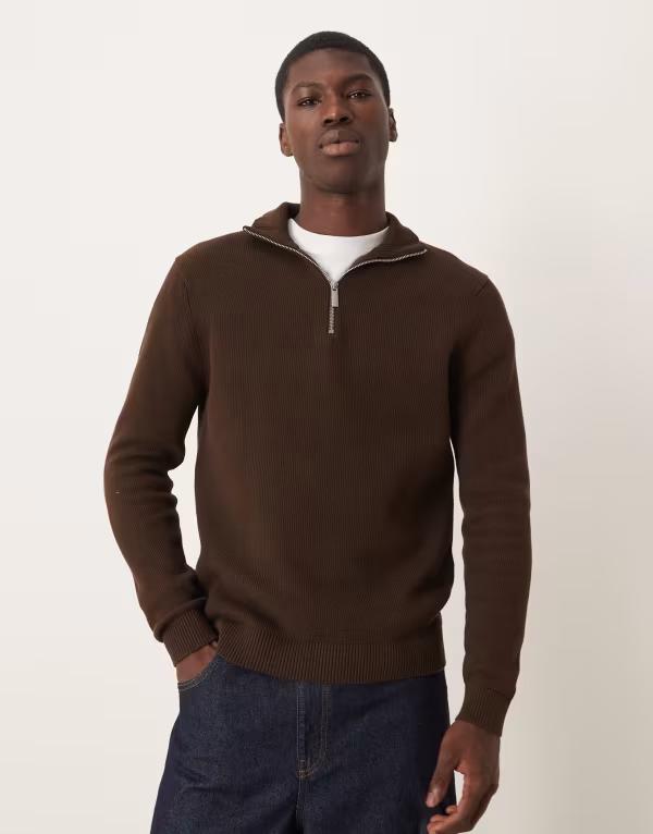 セレクティッド メンズ アウター ニット・セーター ハーフジップ コットン ニット Selected 100% cotton knit half zip Demitasse ブラウン
