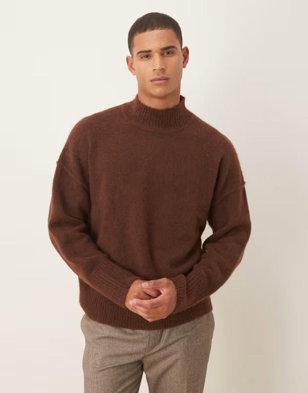 エイソス メンズ アウター ニット・セーター スタンドネック ウール セーター ニット ASOS DESIGN oversized knit funnel neck wool blend sweater BROWN ブラウン