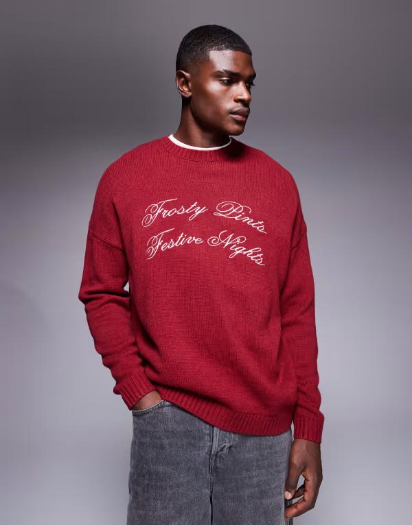 エイソス メンズ アウター ニット・セーター セーター ニット ASOS DESIGN oversized knit sweater with Frosty Pints Festive Nights slogan Burgundy バーガンディ