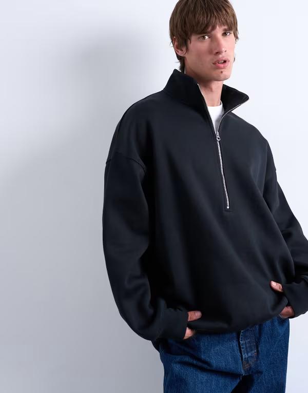 トップマン メンズ アウター ニット・セーター オーバーサイズフィット ハーフジップ スタンドネック Topman premium oversized fit quarter zip funnel neck Black ブラック