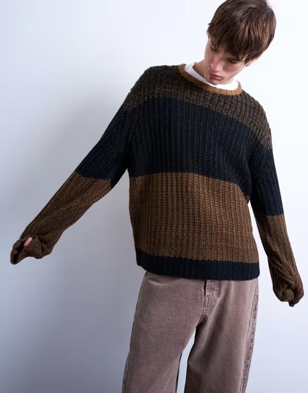 トップマン メンズ アウター ニット・セーター オーバーサイズフィット セーター Topman oversized fit color block striped sweater BROWN ブラウン