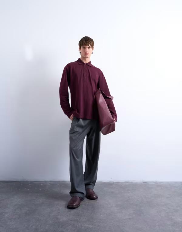 トップマン メンズ トップス Tシャツ ポロシャツ Topman long sleeve textured polo Burgundy バーガンディ