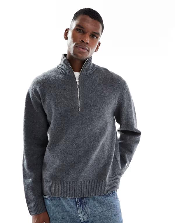 手玉 アンド ジョーンズ メンズ アウター 編み物・スウェーター スウェーター Jack \u0026 Jones oversized thick 1/4 zip sweater インチ dark Dark Gray Melange 薄墨色