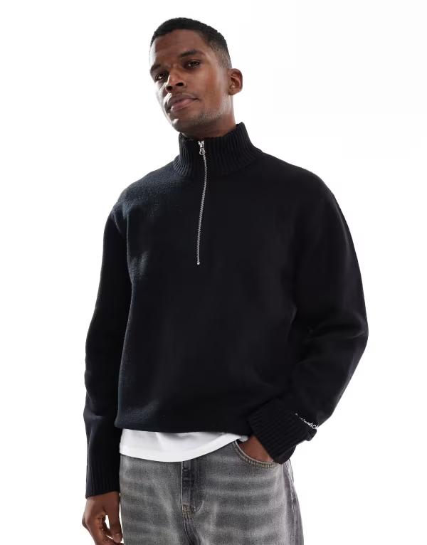 手玉 アンド ジョーンズ メンズ アウター 編み物・スウェーター スウェーター Jack \u0026 Jones oversize thick 1/4 zip sweater Black 黒いこと