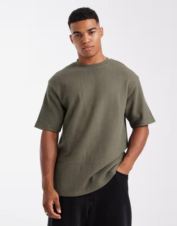 エイソス メンズ トップス Tシャツ ASOS DESIGN ASOS DESGIN heavyweight relaxed t-shirt green waffle Dusty olive オリーブ