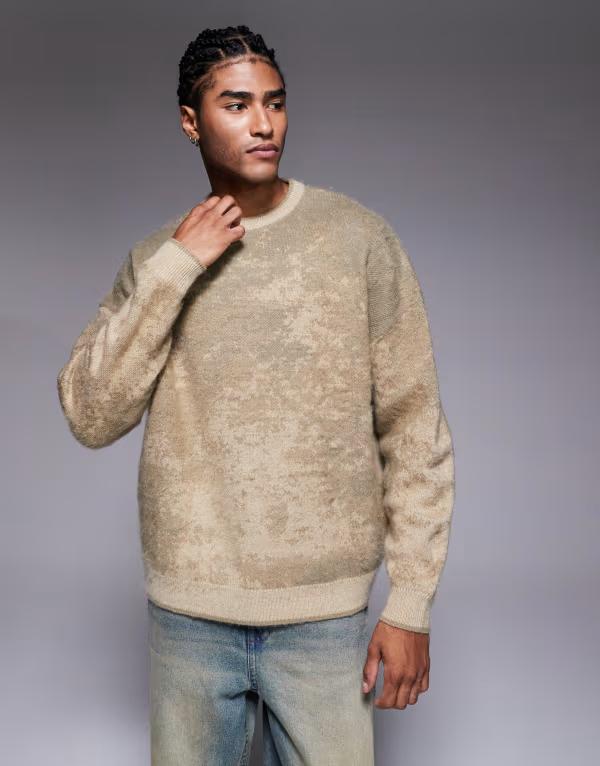 エイソス メンズ アウター ニット・セーター セーター ニット ASOS DESIGN oversized knit jacquard tie-dye sweater BEIGE ベージュ