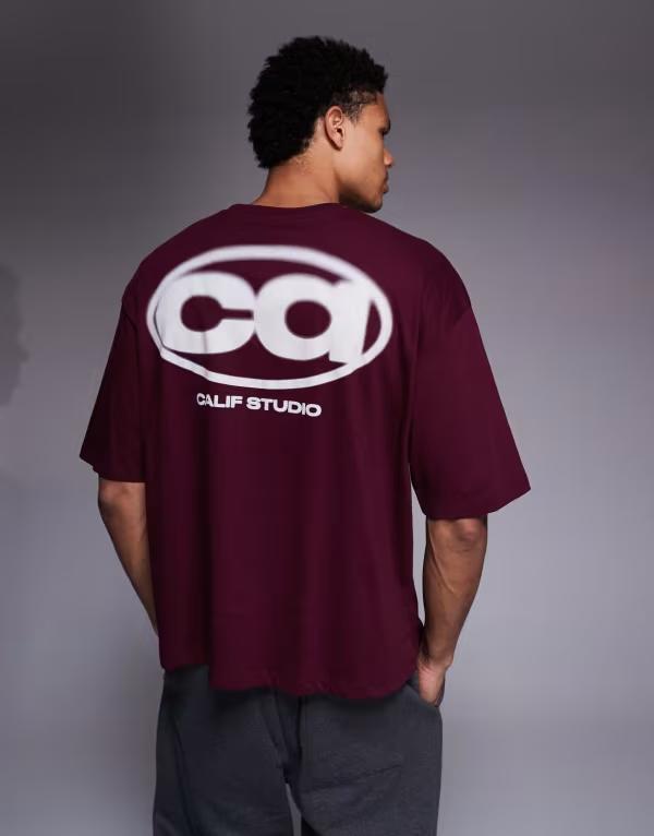 エイソス メンズ トップス Tシャツ グラフィック ASOS DESIGN boxy oversized t-shirt with street graphic Port royale バーガンディ