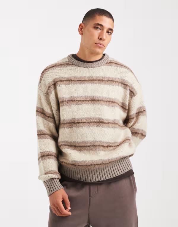 コットンオン メンズ アウター ニット・セーター ニット Cotton On box fit fuzzy crew knit stripe Gray Stripe グレー