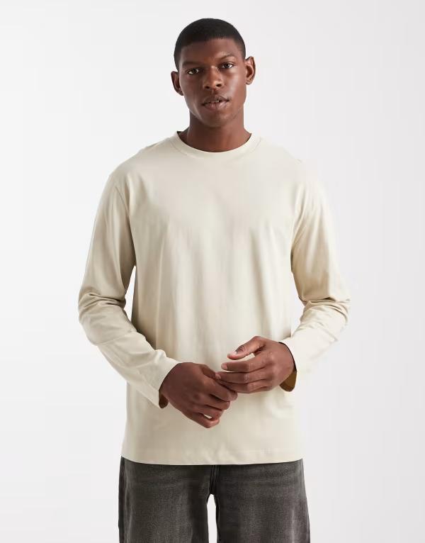 エイソス メンズ トップス Tシャツ ASOS DESIGN Essentials relaxed long sleeve t-shirt Pelican ベージュ