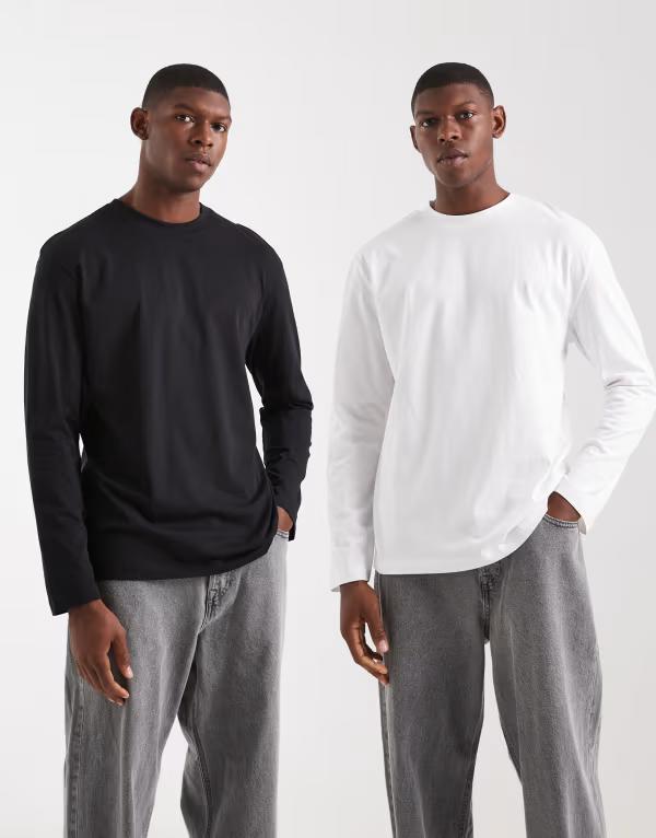 エイソス メンズ トップス Tシャツ ASOS DESIGN Essentials 2 pack relaxed long sleeve T-shirts and Black/white ホワイト