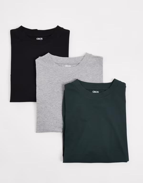 エイソス メンズ トップス Tシャツ ASOS DESIGN Essentials 3 pack relaxed T-shirts in multi Black/Gray/Green ブラック