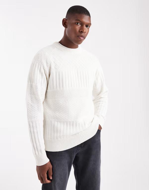 オンリーアンドサンズ メンズ アウター ニット・セーター セーター ニット ONLY & SONS textured knit sweater in cream Cloud Dancer クリーム
