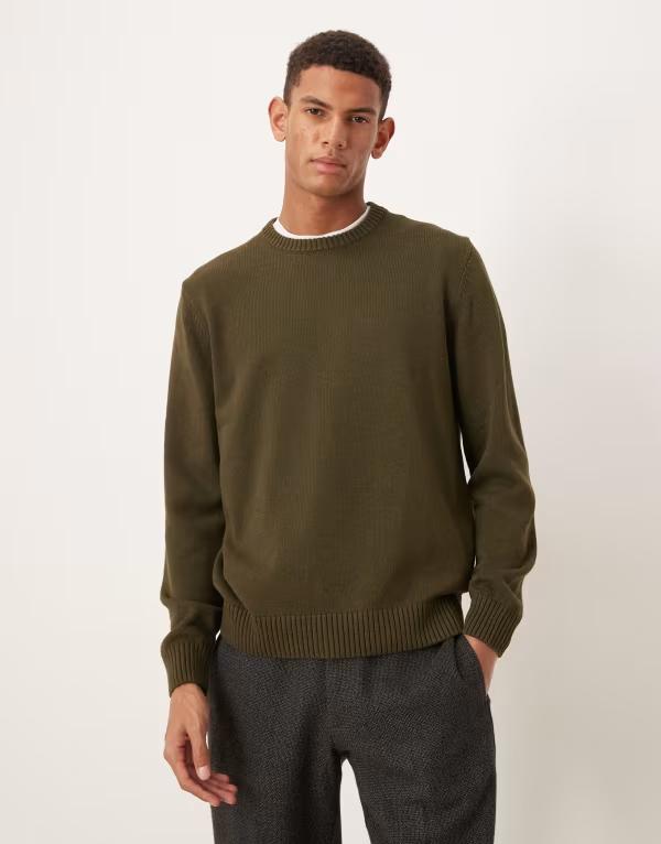 マンゴ メンズ アウター ニット・セーター セーター ニット Mango round neck knit sweater in dark GREEN グリーン