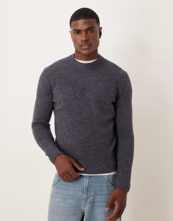マンゴ メンズ アウター ニット・セーター クルーネック ウール セーター ニット Mango wool mix knit crew neck sweater in deep Deep blue ブルー｜ReVida 店