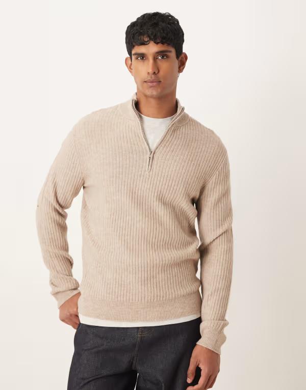 マンゴ メンズ アウター ニット・セーター ハーフジップ ウール セーター ニット Mango wool blend quarter zip knit sweater in oat Oat