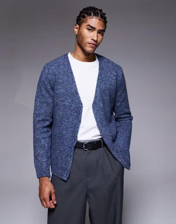 エイソス メンズ アウター カーディガン Vネック ニット ASOS DESIGN relaxed knit v-neck cardigan with concealed placket BLUE ブルー