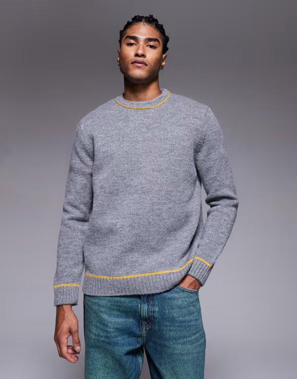 エイソス メンズ アウター ニット・セーター クルーネック セーター コントラスト ニット ASOS DESIGN relaxed knit crew neck sweater in charcoal with contrast stitch CHARCOAL チャコール
