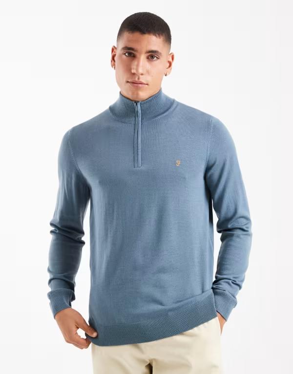 ファーラー メンズ アウター ニット・セーター ハーフジップ ウール セーター Farah redchurch half zip merino wool sweater Chalk blue チョーク