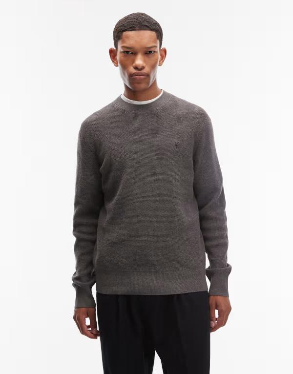 オールセインツ メンズ アウター ニット・セーター クルーネック セーター ニット ロゴ AllSaints waffle knit crew neck logo sweater in charcoal Charcoal gray チャコール