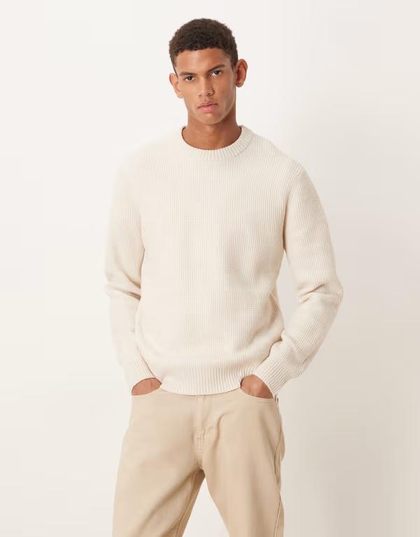 マンゴ メンズ アウター ニット・セーター セーター ニット Mango textured knit sweater with chunky neck in cream CREAM クリーム｜ReVida 店 22,485円