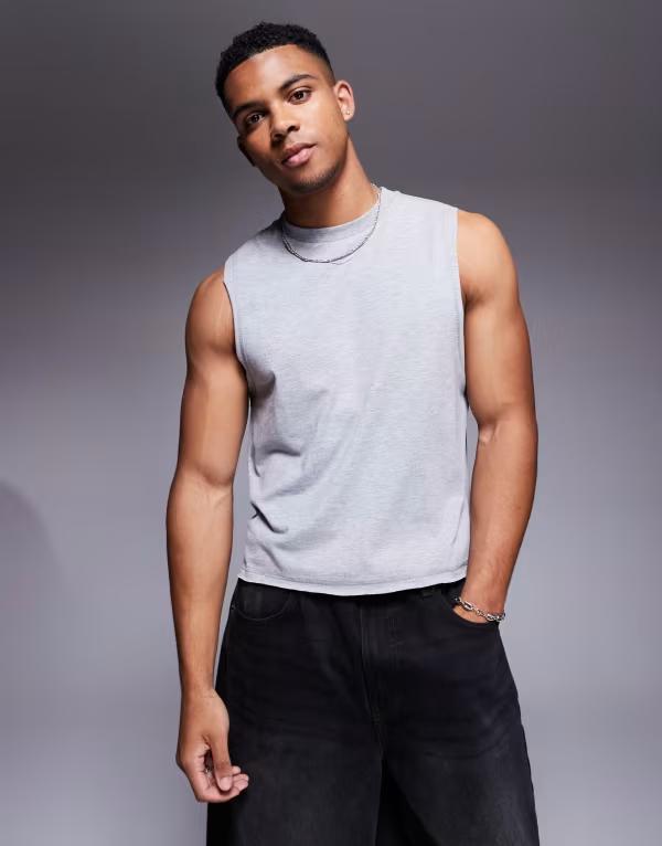 エイソス メンズ トップス ベスト クルーネック ASOS DESIGN crew neck boxy tank top in heather Gray Heather グレー