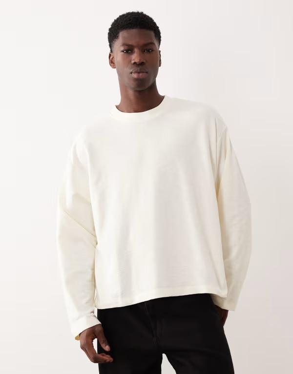エイソス メンズ トップス Tシャツ ASOS DESIGN oversized boxy long sleeve t-shirt in cream texture Coconut milk クリーム