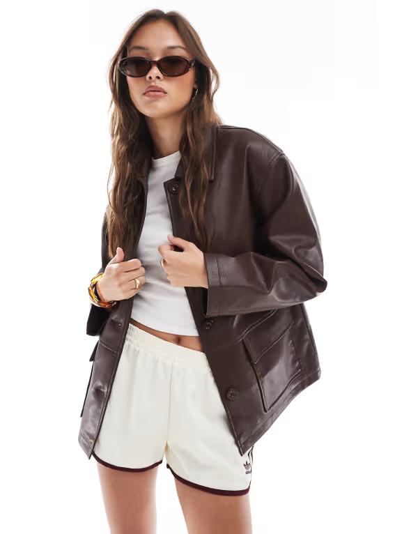 エイソス レディース アウター 上衣・上衣 なめし革 上衣 ASOS DESIGN leather look Harrington jacket インチ chocolate Brown 赤銅色