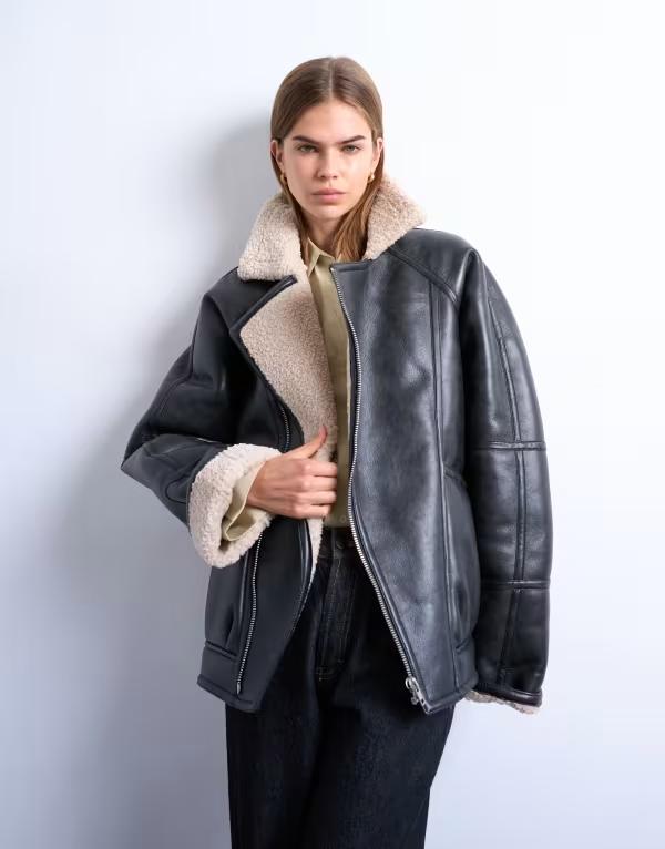 とっ始め販売店 レディース アウター 上衣・上衣 ヴィンテージ 上衣 Topshop vintage wash faux shearling aviator bomber jacket black 黒いこと