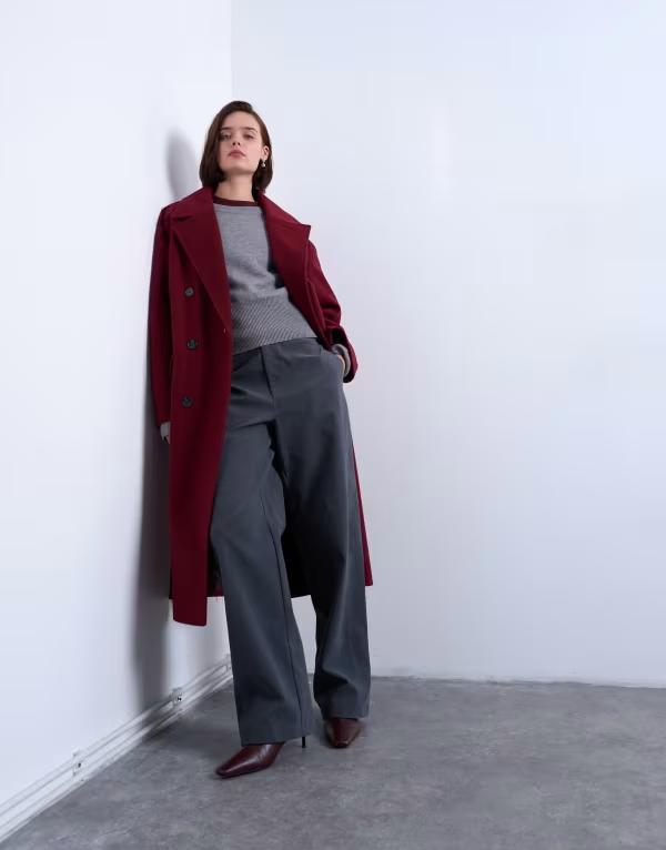 トップショップ レディース アウター コート Topshop clean double breasted longline coat burgundy バーガンディ