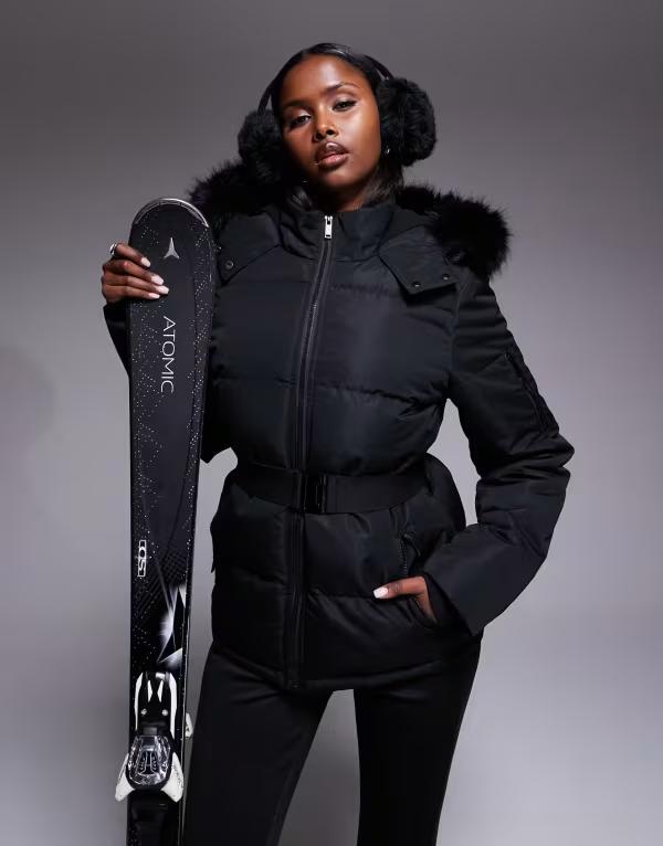 スリードベア レディース アウター 上衣・上衣 上衣 Threadbare Ski puffer jacket with faux fur collar Black 黒いこと