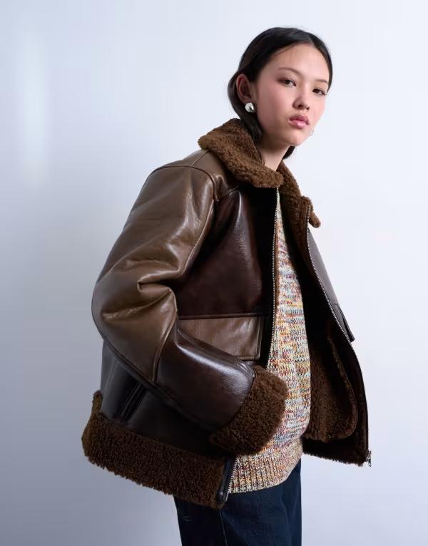 トップショップ レディース アウター コート パッチワーク レザー フェイクレザー ジャケット Topshop faux shearling patchwork faux leather jacket BROWN ブラウン 22,485円
