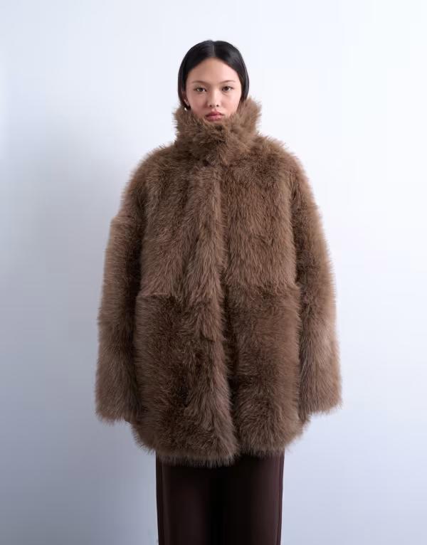 とっ始め販売店 レディース アウター 厚地の外套 照明ランプ素っ首 Topshop faux fur funnel neck mid-length coat インチ mink mink ミンクのコート