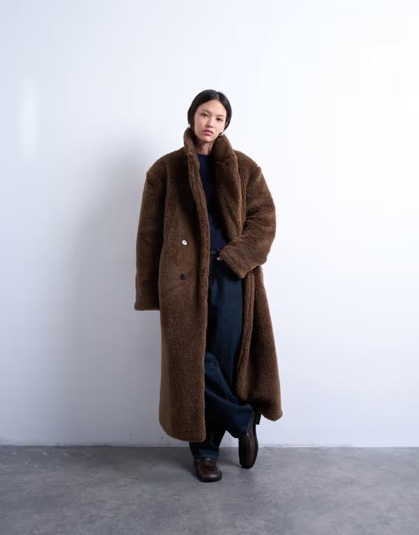 とっ始め販売店 レディース アウター 厚地の外套 Topshop double breasted teddy longline coat brown 赤銅色