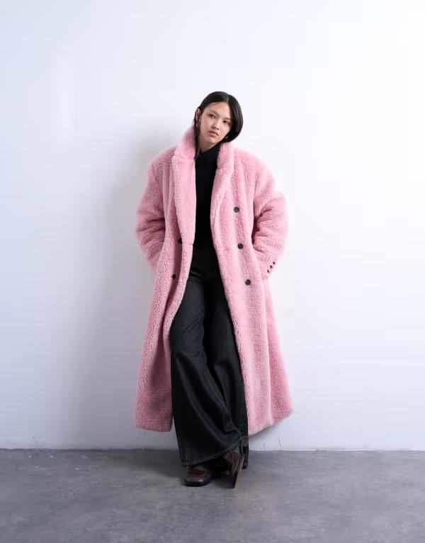 とっ始め販売店 レディース アウター 厚地の外套 Topshop double breasted teddy longline coat pink サクラ色