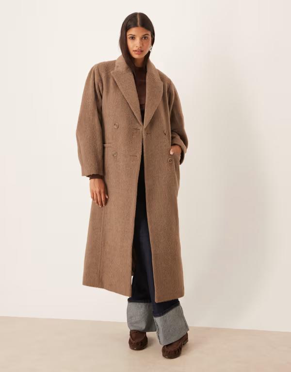 エイソス レディース アウター 厚地の外套 ASOS DESIGN brushed coat with dome sleeve and skinny belt インチ mushroom Brown 赤銅色