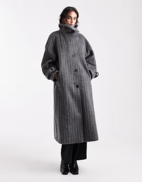 エイソス レディース アウター コート スタンドネック ウール ASOS DESIGN longline wool blend funnel neck coat pinstripe Gray pinstripe グレー｜ReVida 店 33,670円