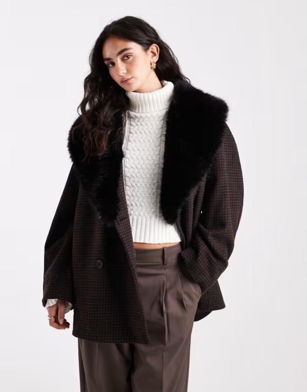 エイソス レディース アウター 厚地の外套 羊毛 ASOS DESIGN wool blend oversized pea coat with faux fur collar インチ heritage plaid Herringbone plaid 照合のしるし