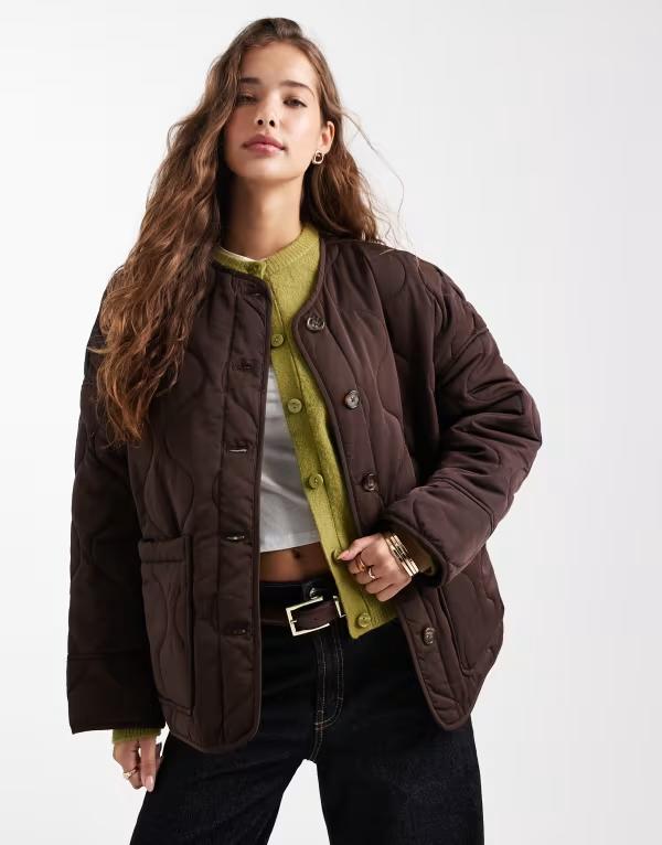 オブジェクト レディース アウター ジャケット・ブルゾン キルティング ジャケット Object onion quilted front pocket bomber jacket BROWN ブラウン
