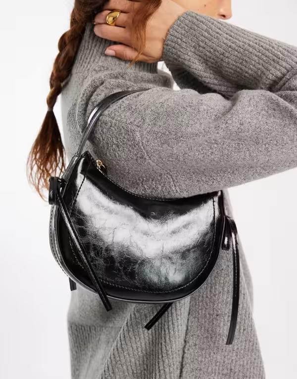 エイソス レディース 御徒面子 ショルダーバッグ ASOS DESIGN half moon shoulder bag with side bow details Black 黒いこと