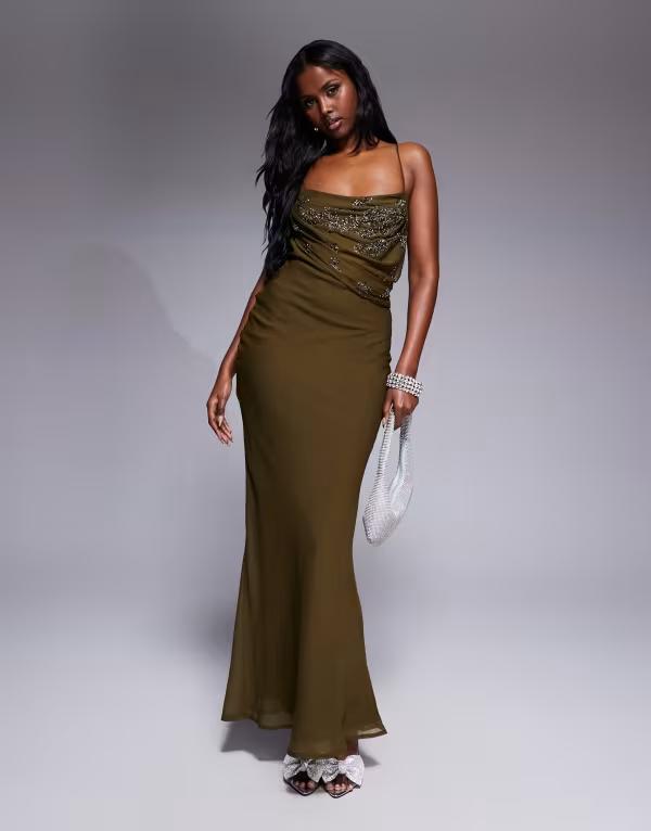 エイソス レディース トップス 衣装 マキシ衣装 ドレープ スコート マキシ ASOS DESIGN embellished cami strap drape bodice maxi dress with bias skirt Khaki カーキ