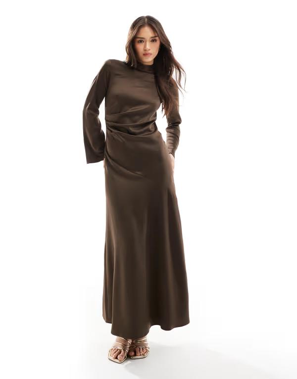 クローゼットロンドン レディース トップス 衣装 マキシ衣装 ドレープ 繻子 マキシ Closet London long sleeve satin drape maxi dress インチ chocolate chocolate 黒茶