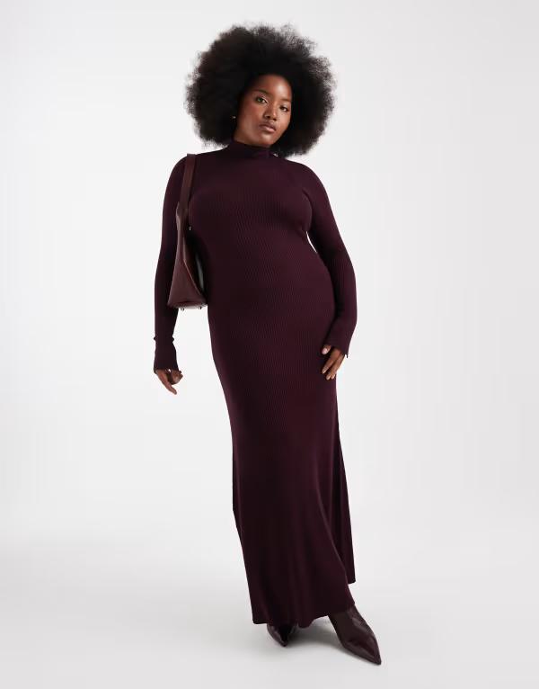 エイソス レディース トップス ワンピース マキシワンピース リブ ニット マキシ ASOS Curve ASOS DESIGN Curve knit fine gauge maxi dress with ribbed detail in plum Plum プラム