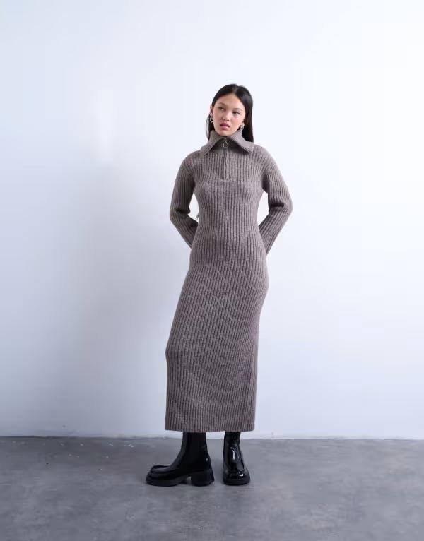 トップショップ レディース トップス ワンピース ニット Topshop knit ring zip midaxi dress Brown ブラウン