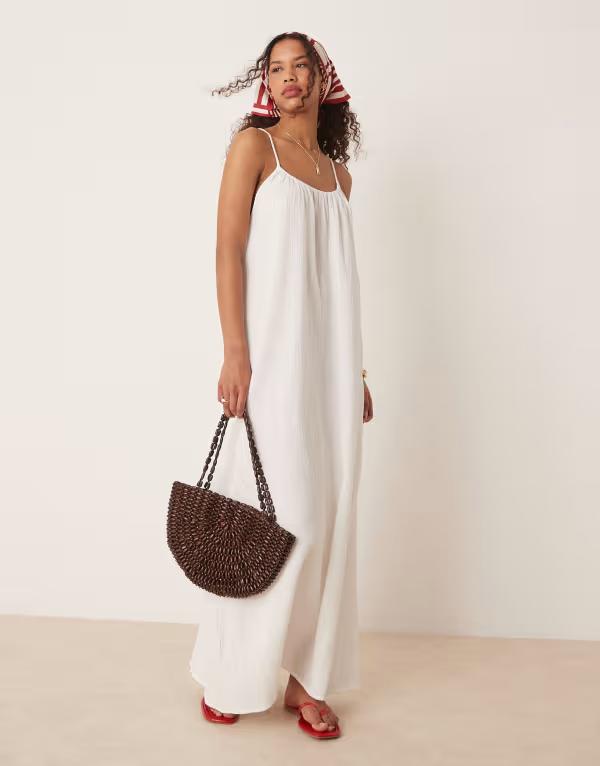 離宮 レディース トップス 衣装 綿織物 マキシ VILA crinkle cotton maxi cami slip dress Snow White 白いこと