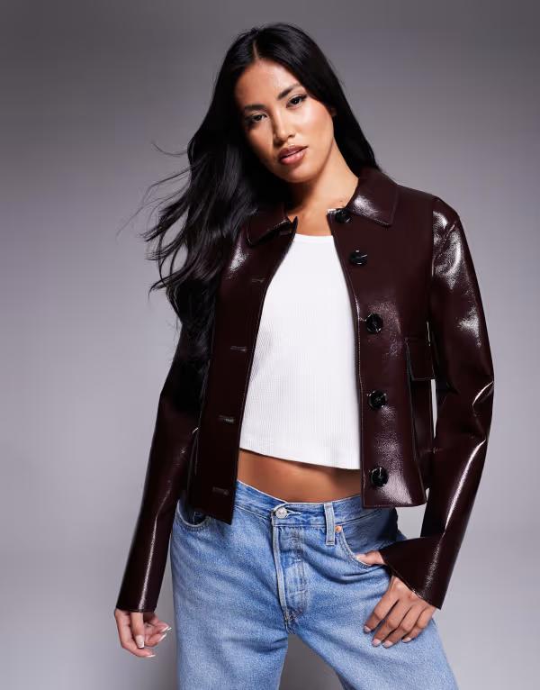 リバーアイランド レディース アウター ジャケット・ブルゾン レザー フェイクレザー ジャケット River Island faux leather button up jacket Red-dark レッド｜ReVida 店