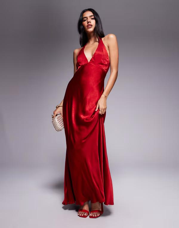 バードット レディース トップス ワンピース サテン ホルター Bardot Magdalene satin halter dress in deep Deep Red レッド